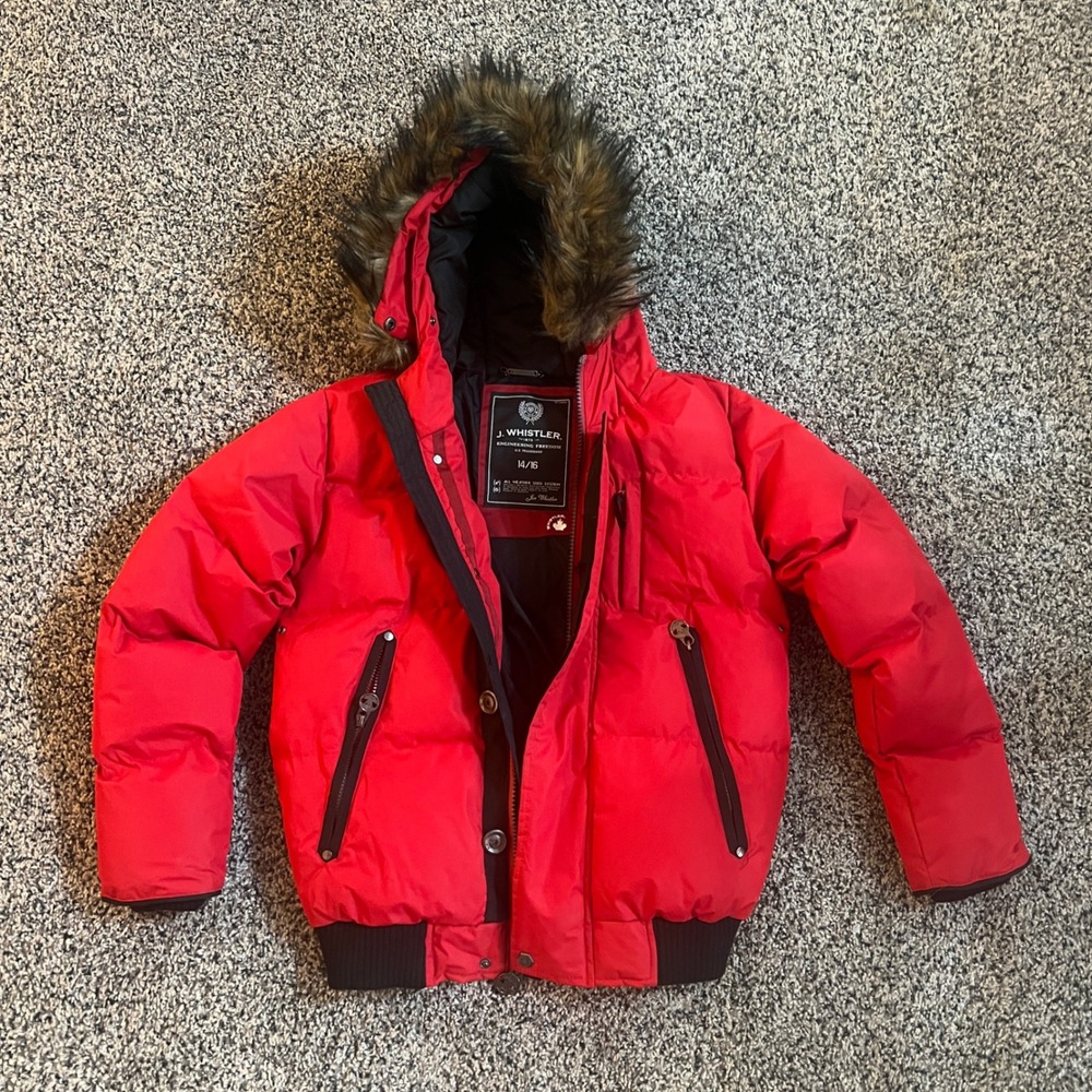 J. Whistler Red Faux Fur Trim Hooded Puffer Jacket Youth Size 14/16 Heavy Winter